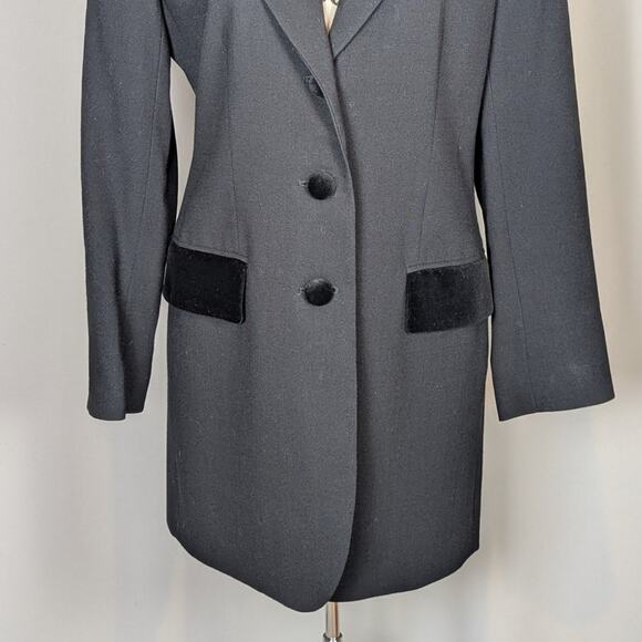 80s 90s Blazer A Line Anne Klein Velvet Trimmed Wool Blazer Black Size 2 - Picture 14 of 16